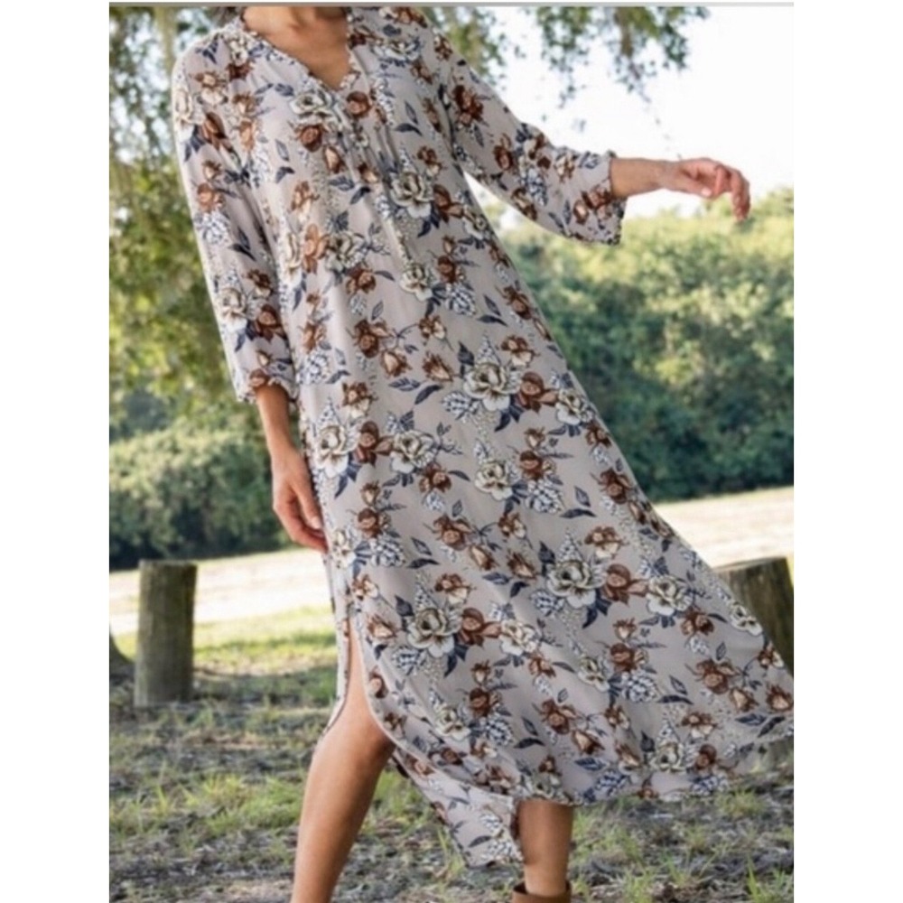 Natural Life Floral Maxi Dress Grey Brown Botanical Boho Long Sleeve Small